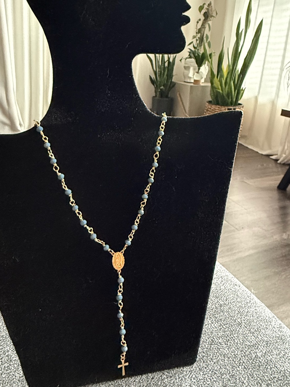 Gold Rosary-Style Necklace with Light Blue Beads